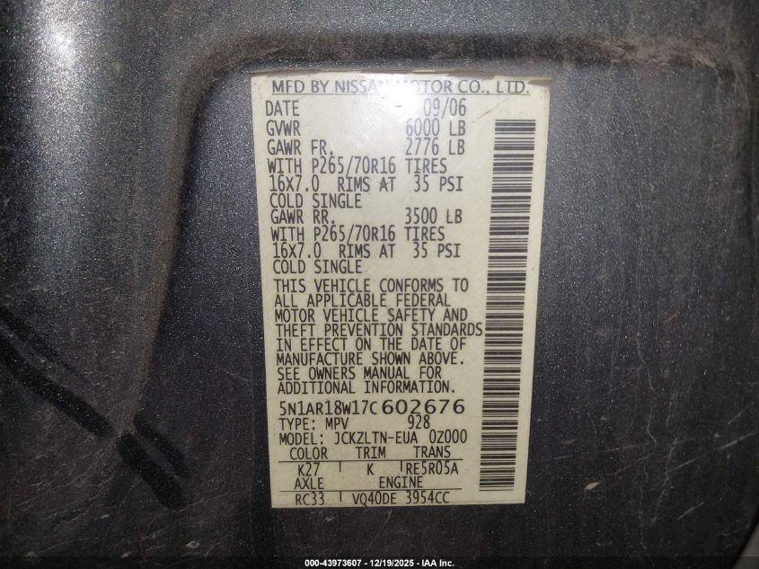 2007 Nissan Pathfinder Se VIN: 5N1AR18W17C602676 Lot: 43973607