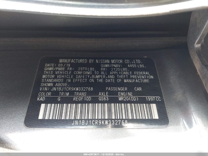 2019 Nissan Rogue Sport Sv VIN: JN1BJ1CR9KW332768 Lot: 43973617