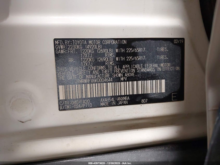 VIN JTMRWRFV6KD004644 2019 TOYOTA RAV4 HYBRID XLE