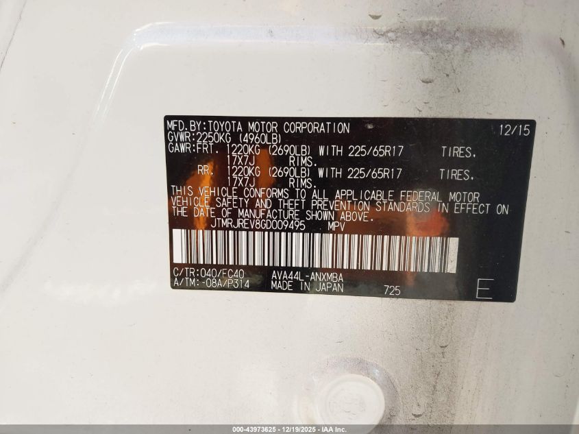 2016 Toyota Rav4 Hybrid Xle VIN: JTMRJREV8GD009495 Lot: 43973625