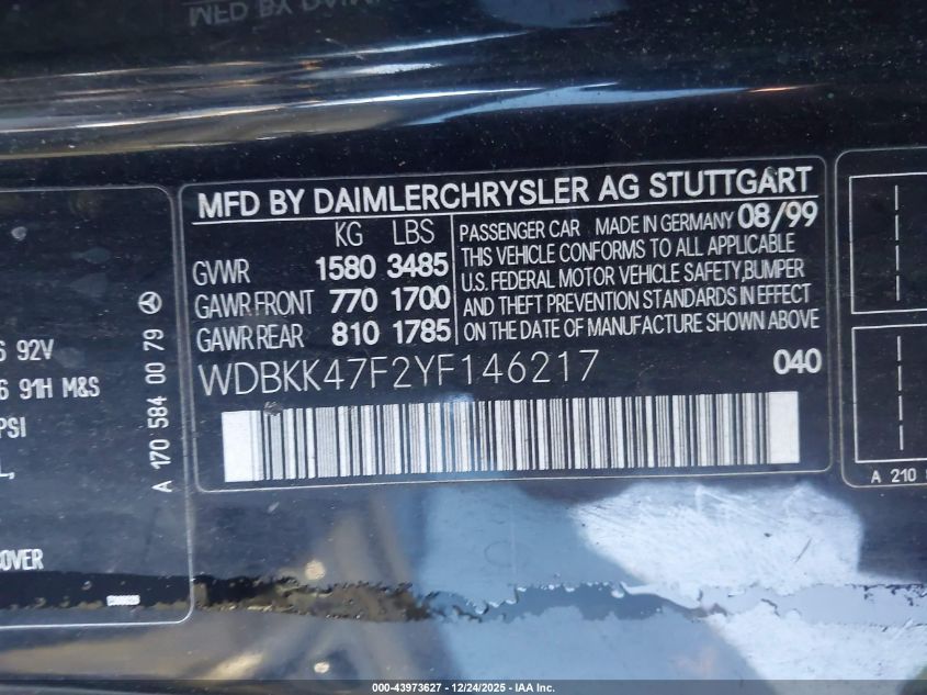 2000 Mercedes-Benz Slk 230 Kompressor VIN: WDBKK47F2YF146217 Lot: 43973627