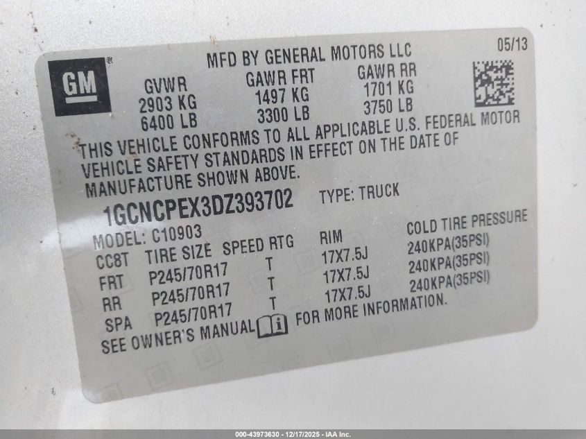 2013 Chevrolet Silverado 1500 Work Truck VIN: 1GCNCPEX3DZ393702 Lot: 43973630