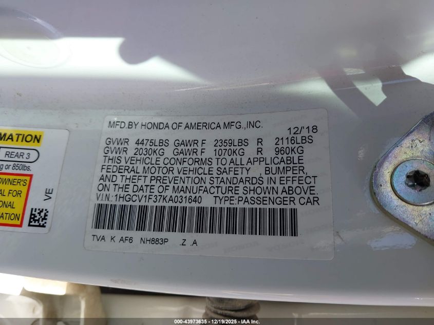 2019 Honda Accord Sport VIN: 1HGCV1F37KA031640 Lot: 43973635