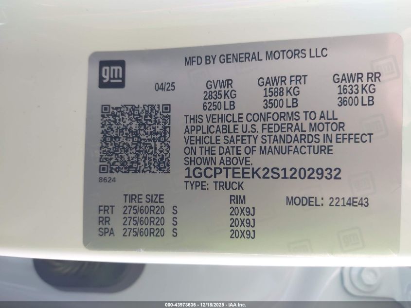 2025 Chevrolet Colorado 4Wd Trail Boss VIN: 1GCPTEEK2S1202932 Lot: 43973636