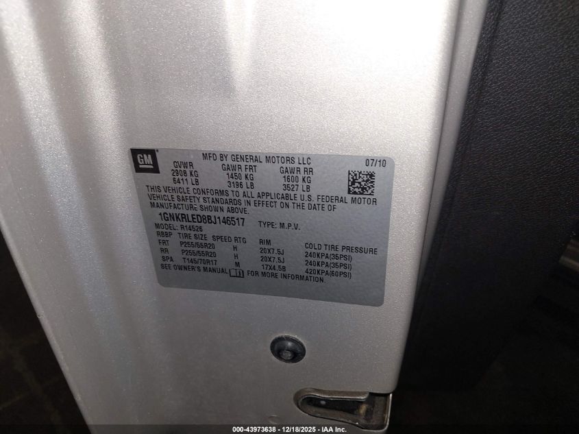 2011 Chevrolet Traverse Ltz VIN: 1GNKRLED8BJ146517 Lot: 43973638