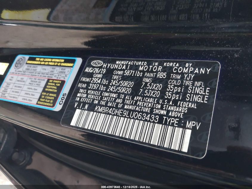 2020 Hyundai Palisade Sel VIN: KM8R4DHE9LU063433 Lot: 43973640