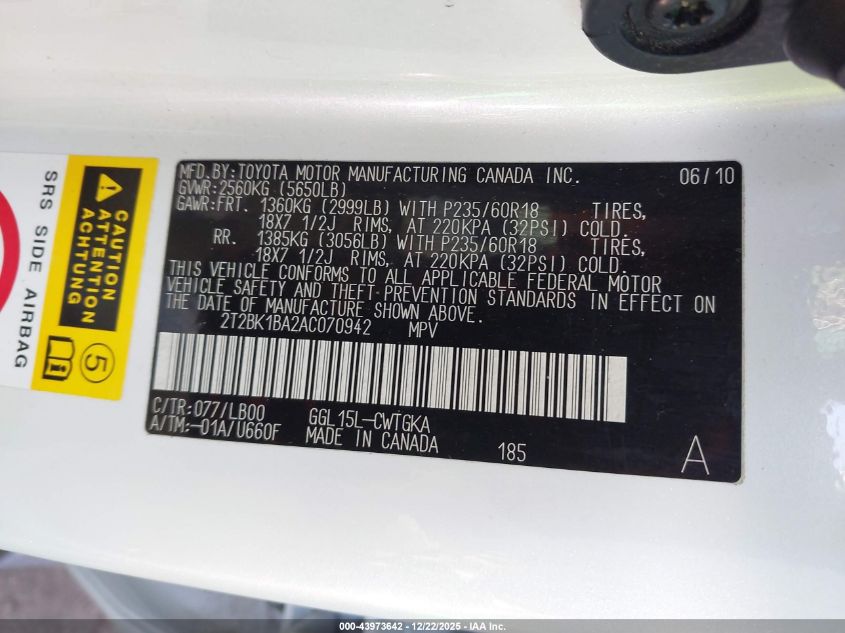 2010 Lexus Rx 350 VIN: 2T2BK1BA2AC070942 Lot: 43973642