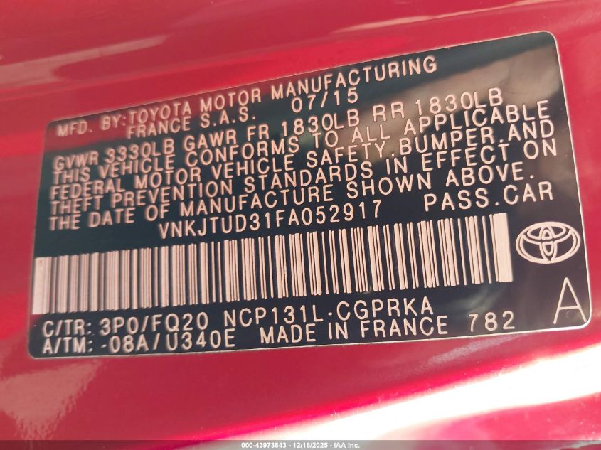 2015 Toyota Yaris L/Le VIN: VNKJTUD31FA052917 Lot: 43973643