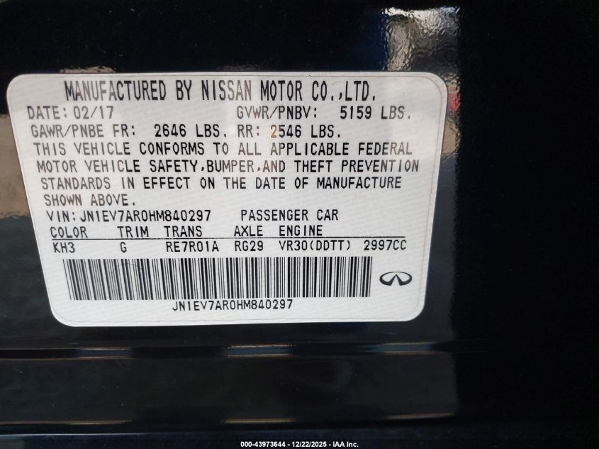2017 Infiniti Q50 3.0T Premium VIN: JN1EV7AR0HM840297 Lot: 43973644