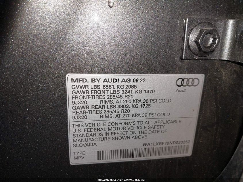 2022 Audi Q7 Premium Plus 55 Tfsi Quattro Tiptronic VIN: WA1LXBF70ND020252 Lot: 43973654