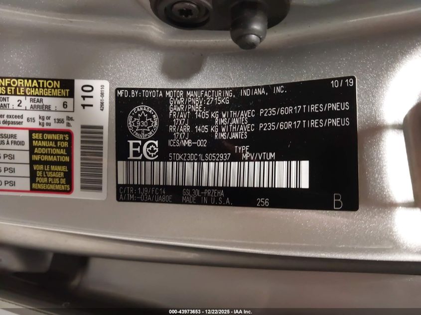 2020 Toyota Sienna Le 8-Passenger VIN: 5TDKZ3DC1LS052937 Lot: 43973653