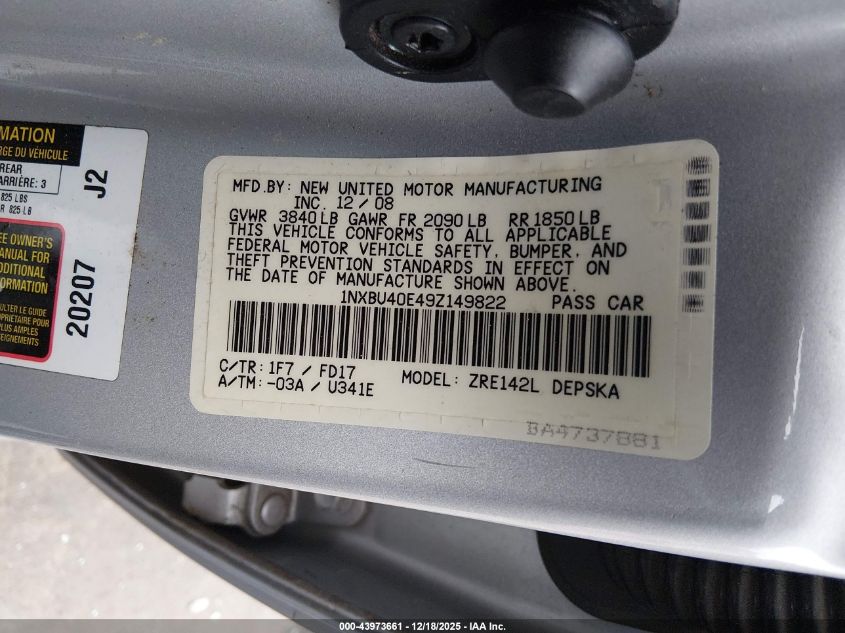 2009 Toyota Corolla S VIN: 1NXBU40E49Z149822 Lot: 43973661