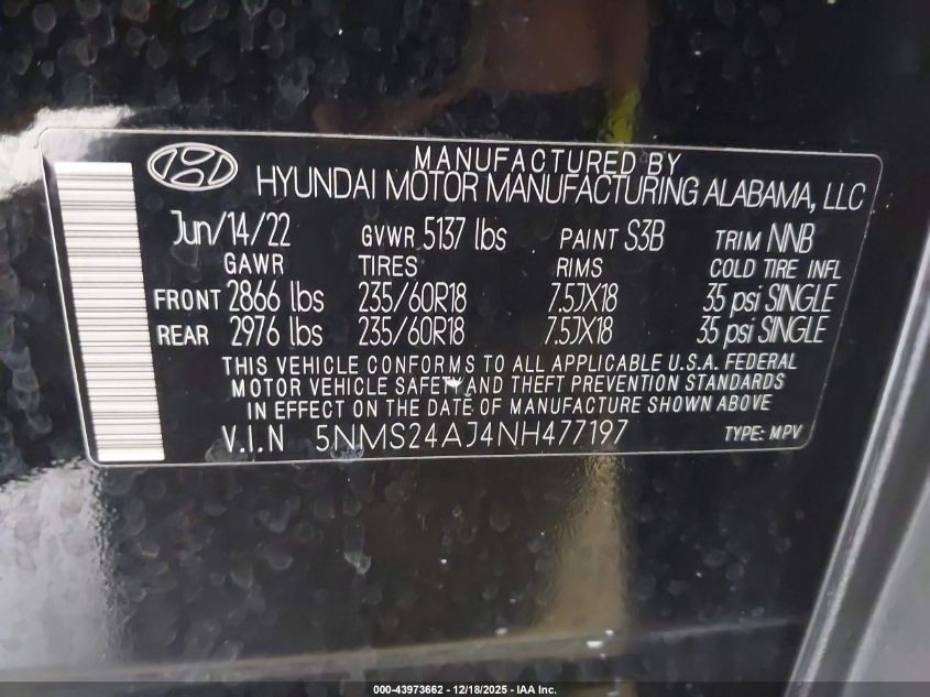 2022 Hyundai Santa Fe Sel VIN: 5NMS24AJ4NH477197 Lot: 43973662