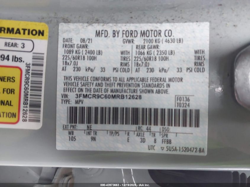 2021 Ford Bronco Sport Outer Banks VIN: 3FMCR9C60MRB12628 Lot: 43973663