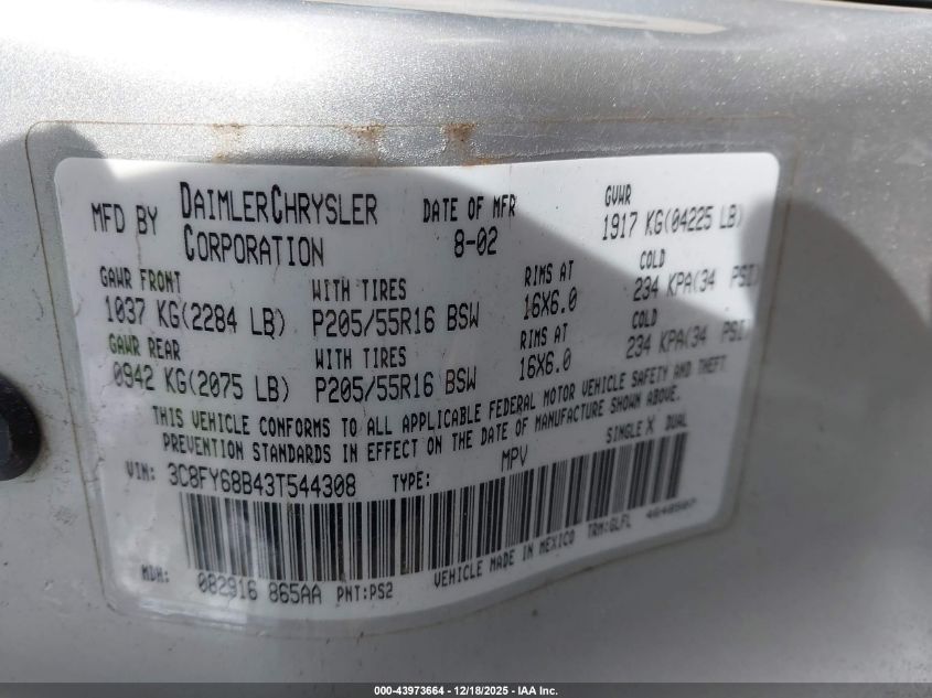 2003 Chrysler Pt Cruiser Limited VIN: 3C8FY68B43T544308 Lot: 43973664