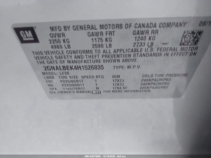 2017 Chevrolet Equinox Ls VIN: 2GNALBEK4H1526835 Lot: 43973665