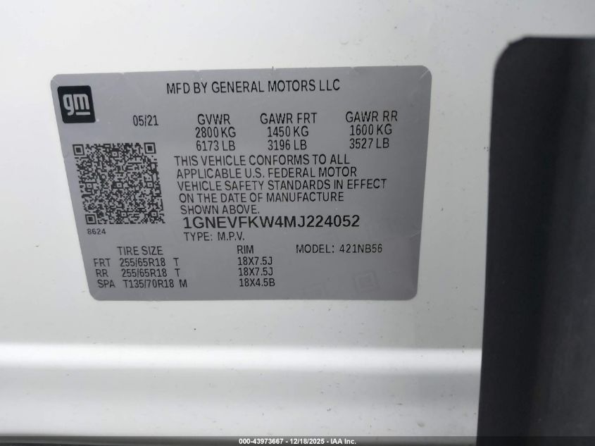 2021 Chevrolet Traverse Awd Ls VIN: 1GNEVFKW4MJ224052 Lot: 43973667