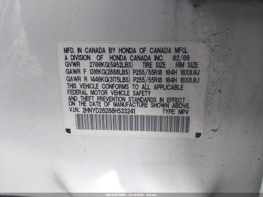 2008 Acura Mdx VIN: 2HNYD28288H533241 Lot: 43973669