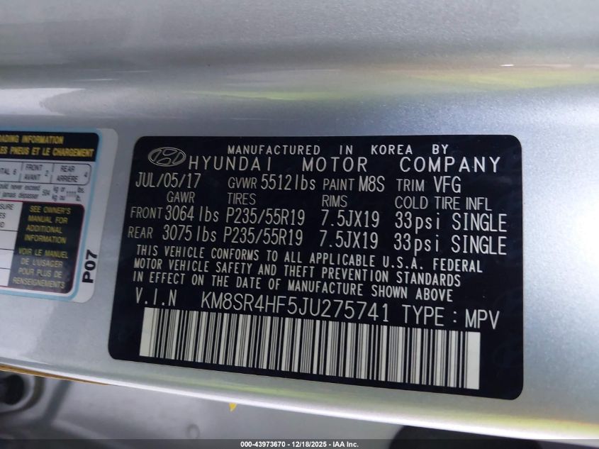 2018 Hyundai Santa Fe Limited Ultimate VIN: KM8SR4HF5JU275741 Lot: 43973670