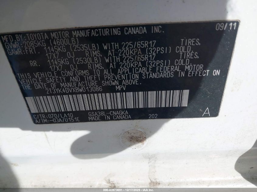 2011 Toyota Rav4 Limited V6 VIN: 2T3YK4DVXBW013086 Lot: 43973691