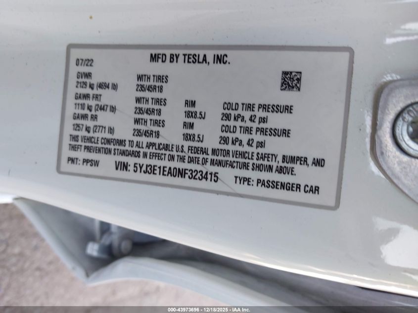 2022 Tesla Model 3 Rear-Wheel Drive VIN: 5YJ3E1EA0NF323415 Lot: 43973696