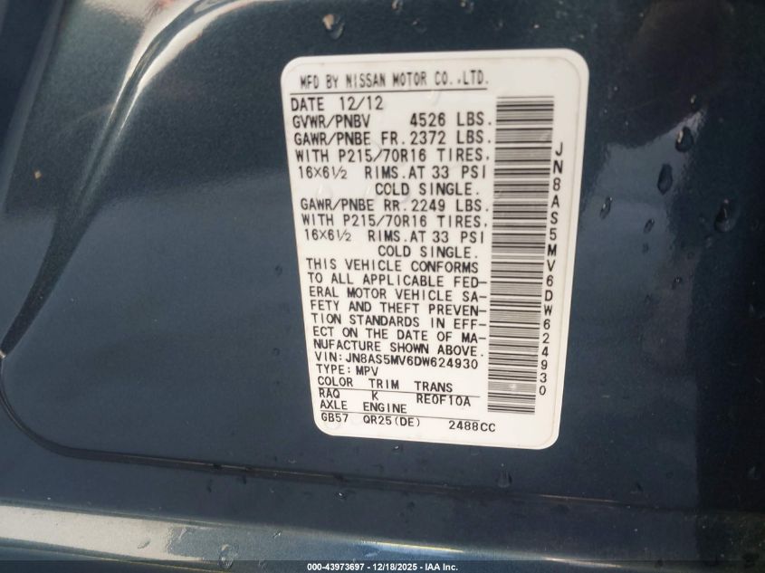 2013 Nissan Rogue S VIN: JN8AS5MV6DW624930 Lot: 43973697