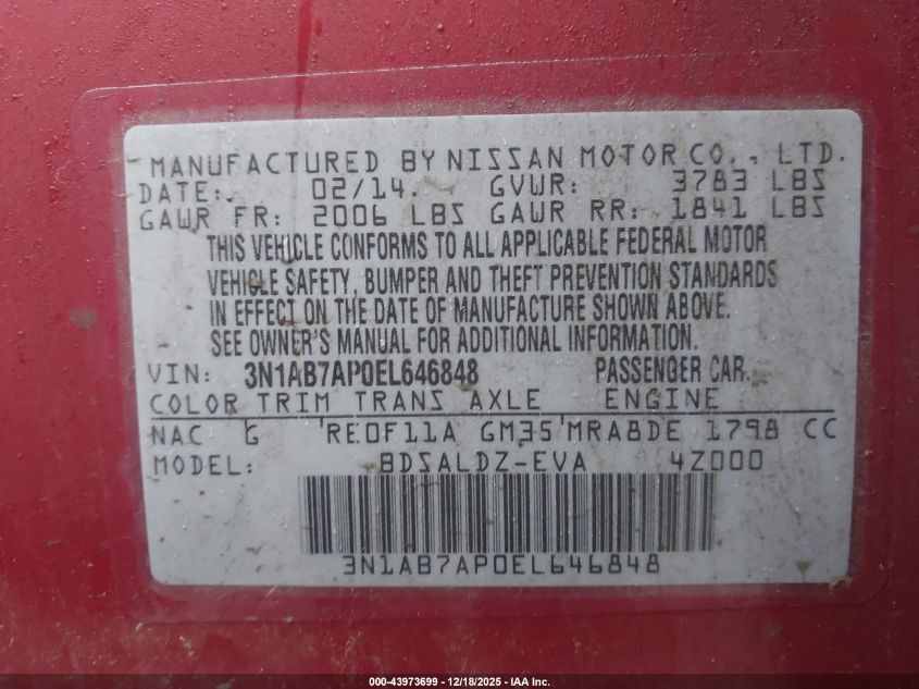 2014 Nissan Sentra Fe+ S/Fe+ Sv/S/Sl/Sr/Sv VIN: 3N1AB7AP0EL646848 Lot: 43973699