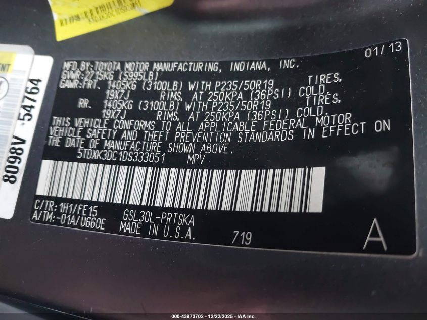 2013 Toyota Sienna Se 8 Passenger VIN: 5TDXK3DC1DS333051 Lot: 43973702