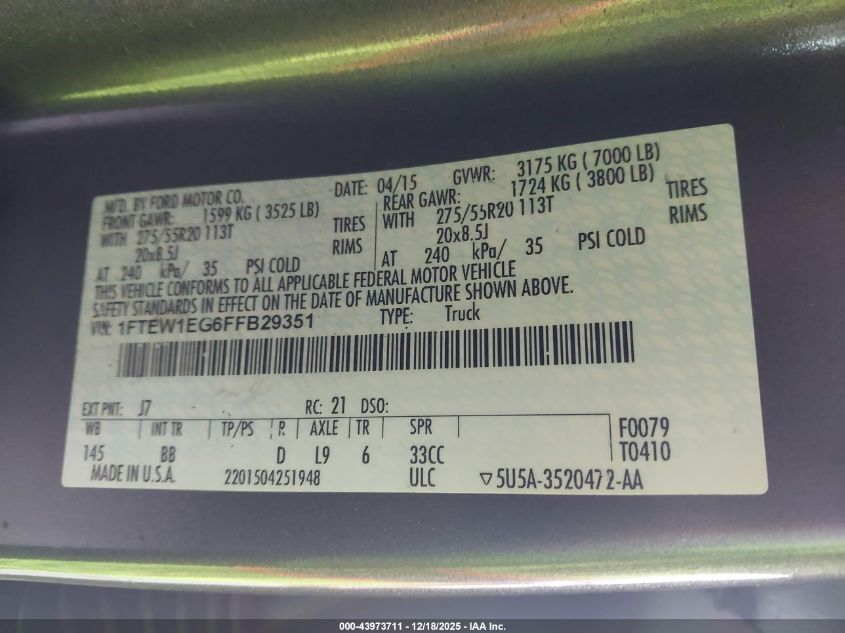 2015 Ford F-150 Platinum VIN: 1FTEW1EG6FFB29351 Lot: 43973711