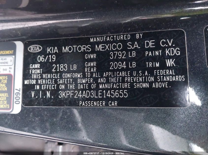2020 Kia Forte Fe VIN: 3KPF24AD3LE145655 Lot: 43973717