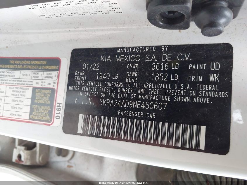 2022 Kia Rio S VIN: 3KPA24AD9NE450607 Lot: 43973719