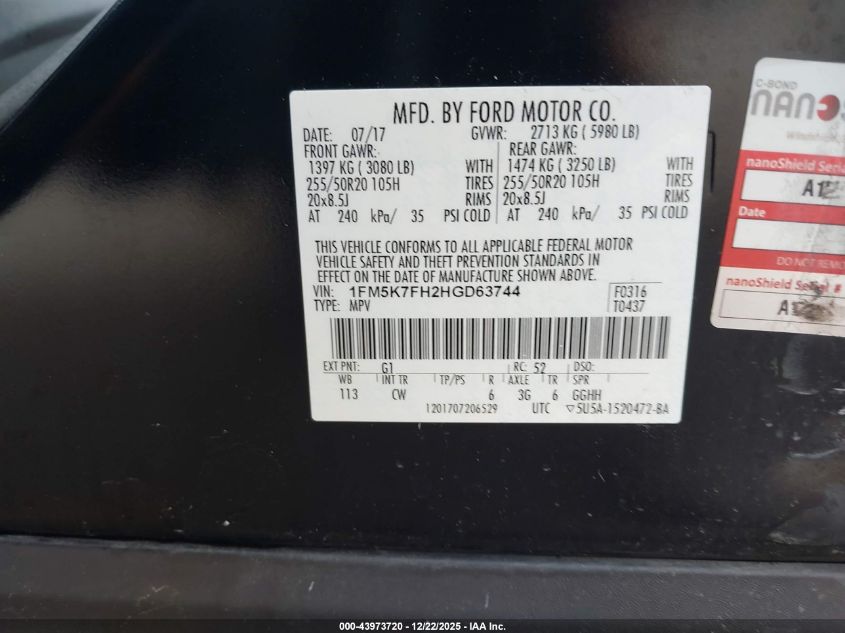 2017 Ford Explorer Limited VIN: 1FM5K7FH2HGD63744 Lot: 43973720