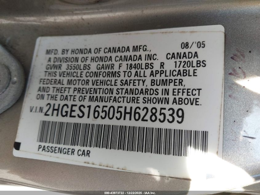 2005 Honda Civic Lx VIN: 2HGES16505H628539 Lot: 43973722