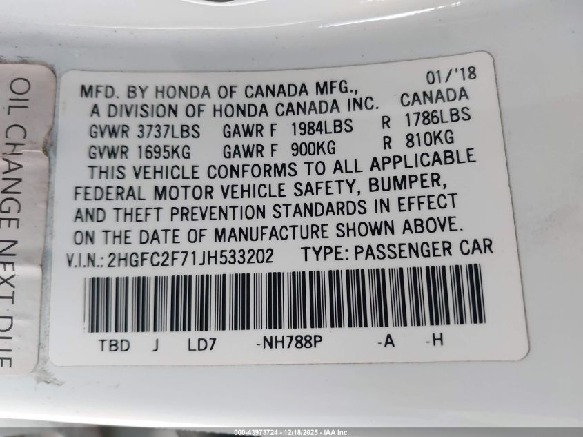 2018 Honda Civic Ex VIN: 2HGFC2F71JH533202 Lot: 43973724