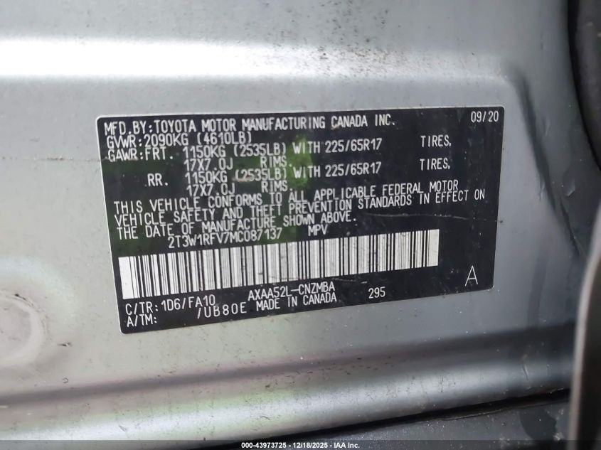 2021 Toyota Rav4 Xle VIN: 2T3W1RFV7MC087137 Lot: 43973725