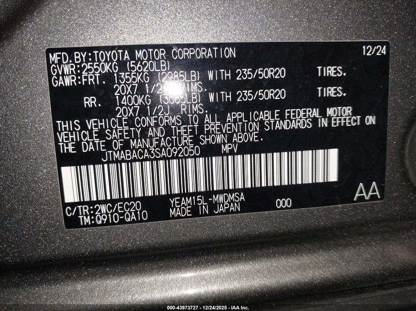 VIN JTMABACA3SA092050 2025 TOYOTA BZ4X NIGHTSHADE