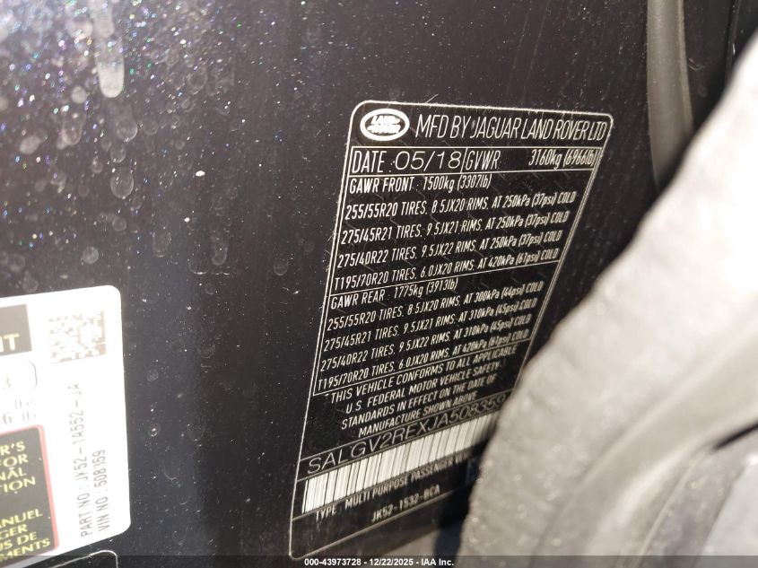 2018 Land Rover Range Rover 5.0L V8 Supercharged Autobiography VIN: SALGV2REXJA508359 Lot: 43973728
