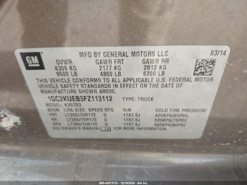 2015 Chevrolet Silverado 2500Hd Wt VIN: 1GC2KUEB3FZ113112 Lot: 43973733