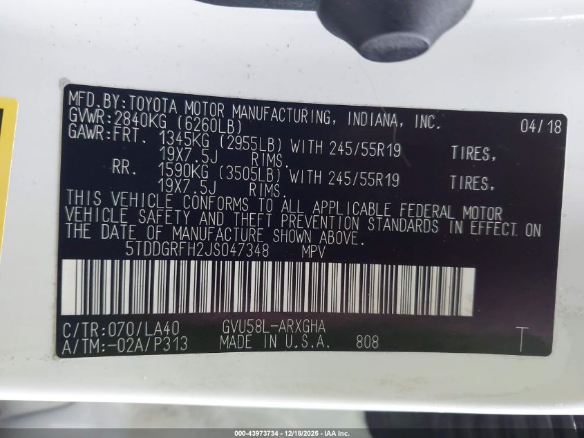 2018 Toyota Highlander Hybrid Limited Platinum VIN: 5TDDGRFH2JS047348 Lot: 43973734