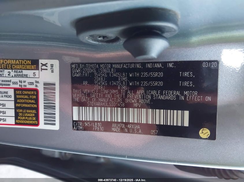 2020 Toyota Highlander Hybrid Limited VIN: 5TDYARAH3LS001458 Lot: 43973740