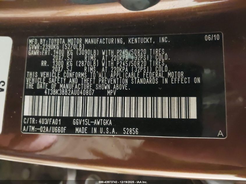 2010 Toyota Venza Base V6 VIN: 4T3BK3BB2AU040807 Lot: 43973743