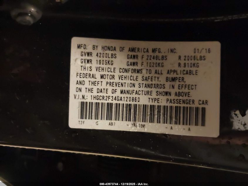 2016 Honda Accord Lx VIN: 1HGCR2F34GA120860 Lot: 43973744