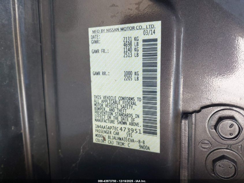 2014 Nissan Maxima 3.5 Sv VIN: 1N4AA5AP7EC473951 Lot: 43973750
