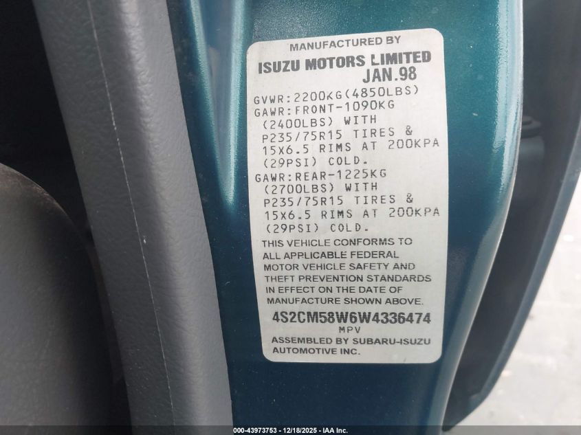 1998 Isuzu Rodeo Ls/S VIN: 4S2CM58W6W4336474 Lot: 43973753