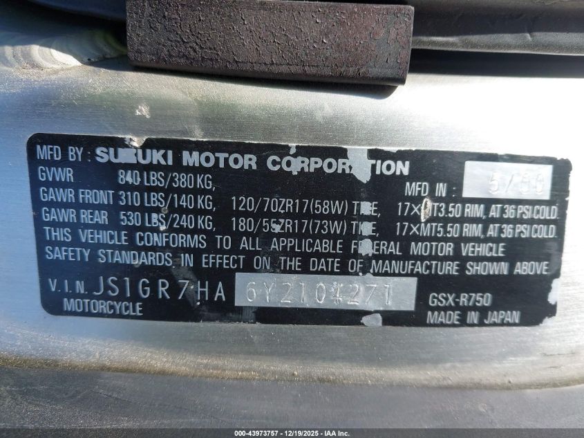 2000 Suzuki Gsx-R750 VIN: JS1GR7HA6Y2104271 Lot: 43973757