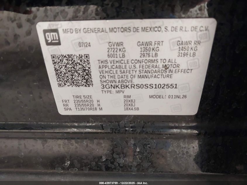 2025 Chevrolet Blazer Awd Rs VIN: 3GNKBKRS0SS102551 Lot: 43973759