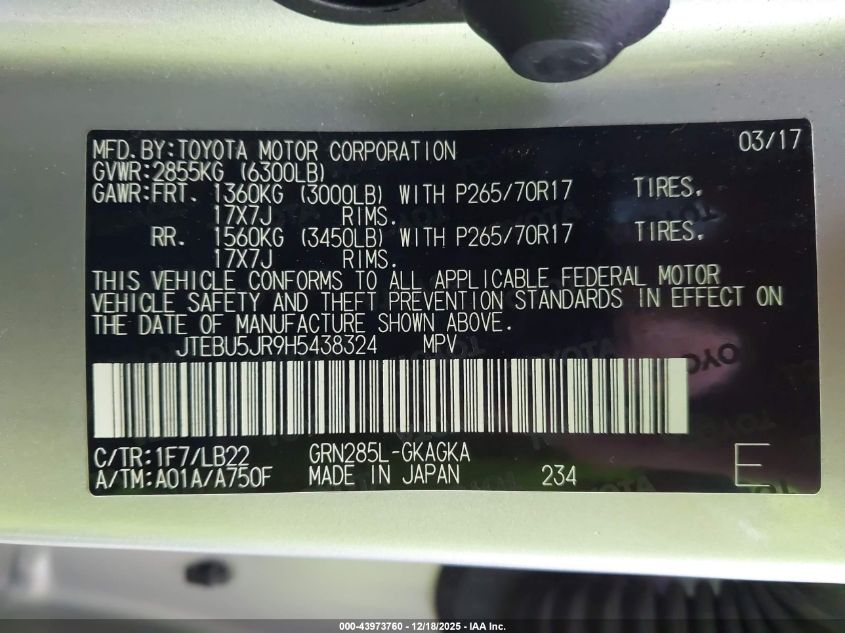 2017 Toyota 4Runner Sr5 Premium VIN: JTEBU5JR9H5438324 Lot: 43973760