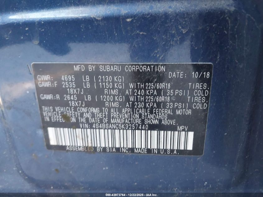 2019 Subaru Outback 2.5I Limited VIN: 4S4BSANC5K3257440 Lot: 43973764