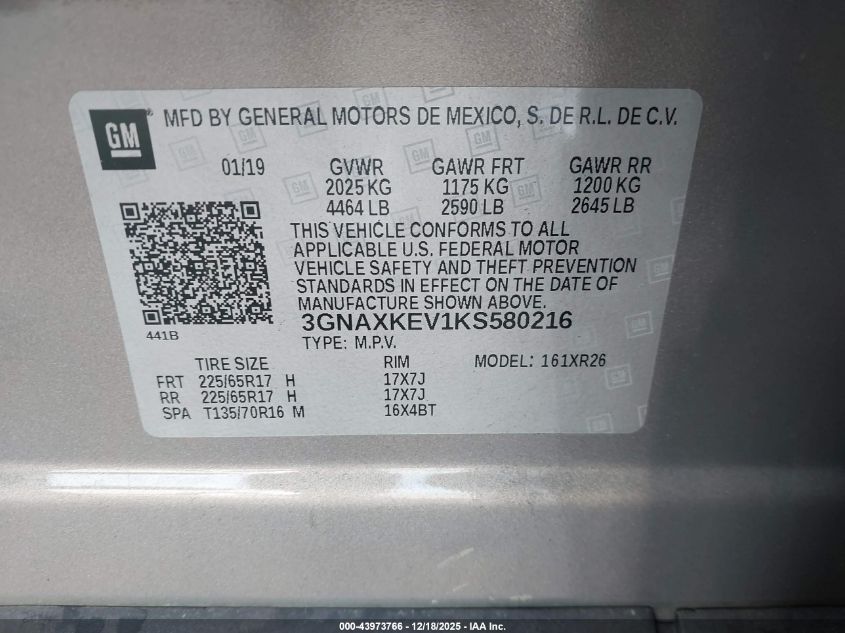 2019 Chevrolet Equinox Lt VIN: 3GNAXKEV1KS580216 Lot: 43973766