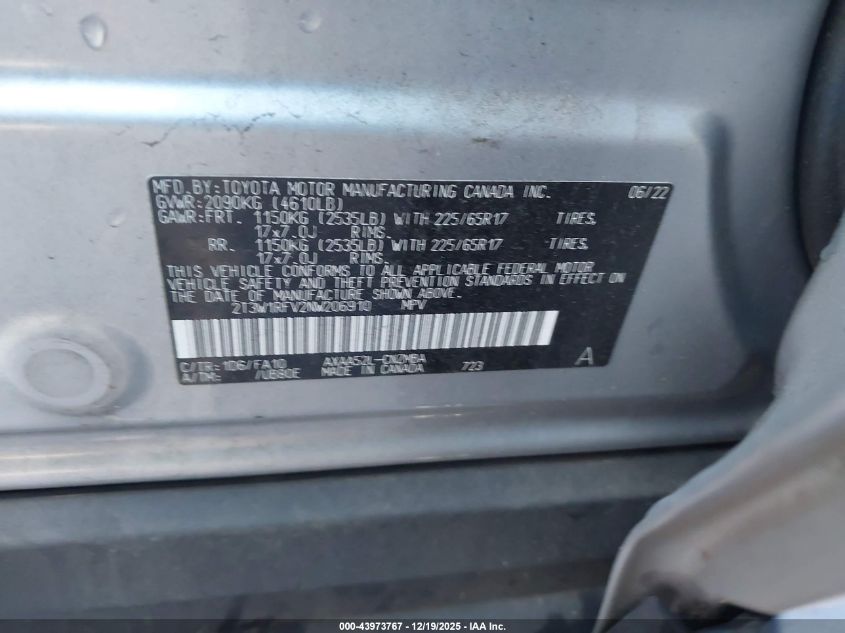 2022 Toyota Rav4 Xle VIN: 2T3W1RFV2NW206910 Lot: 43973767